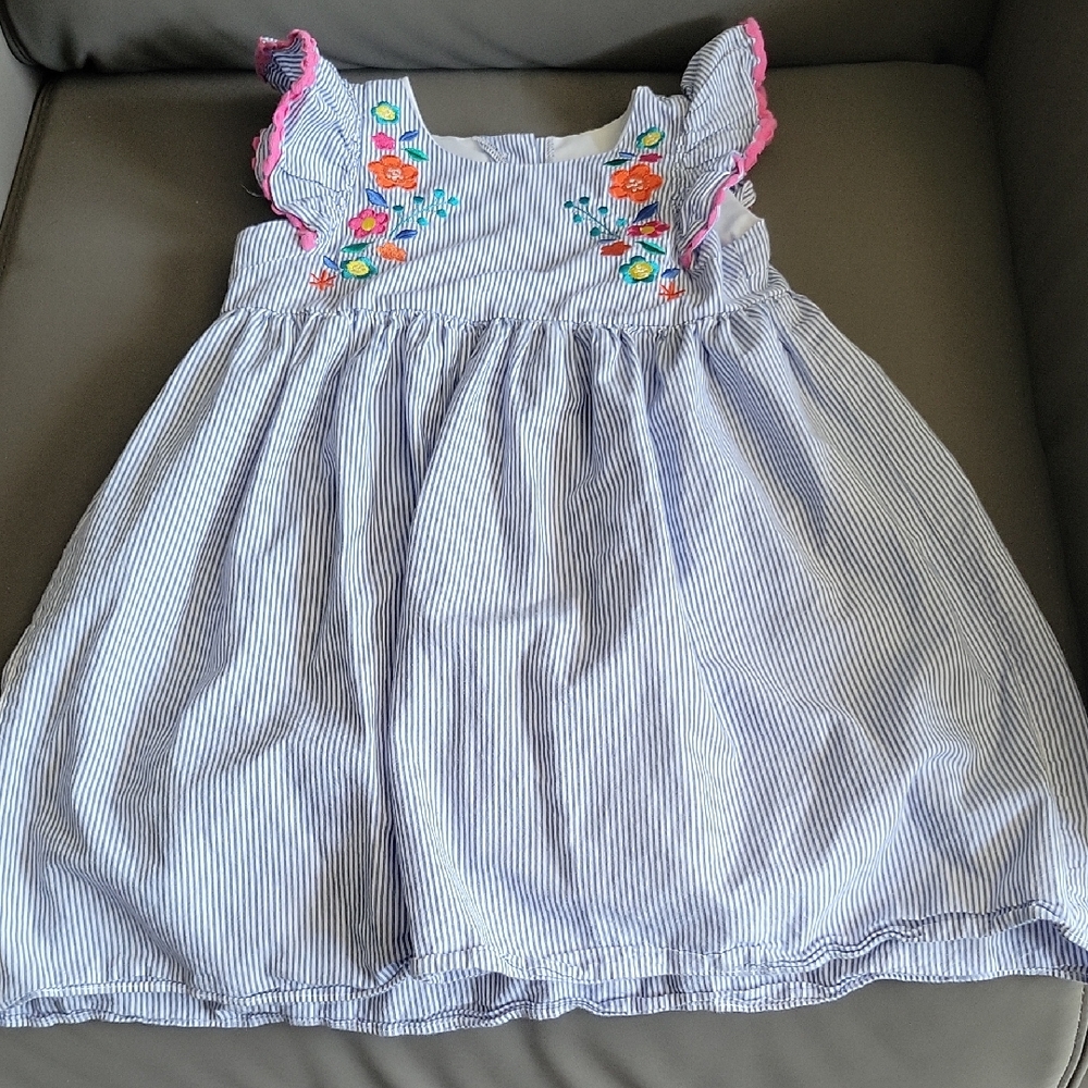 Embroidered Blue-Striped Flutter Sleeve Girls' Dress